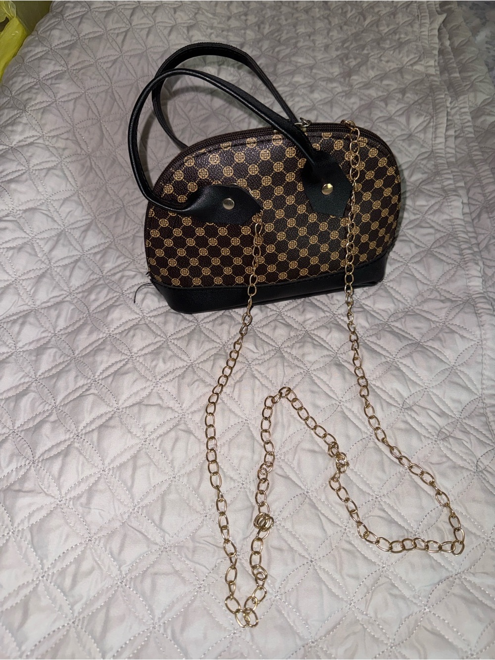Classic Brown Patterned Dome Satchel Handbag with Gold Chain